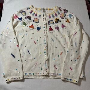 RARE David Brooks Womens M Cardigan Sweater Birthday Party Cake Embellished